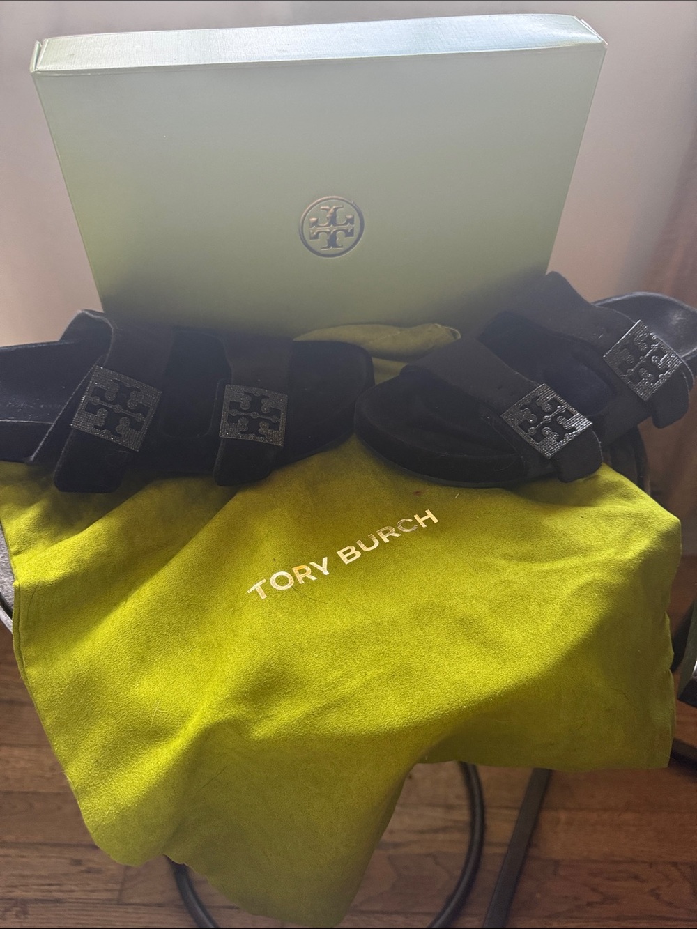 Tory Burch Black Velvet Slide Sandals with Silver Logo Accents